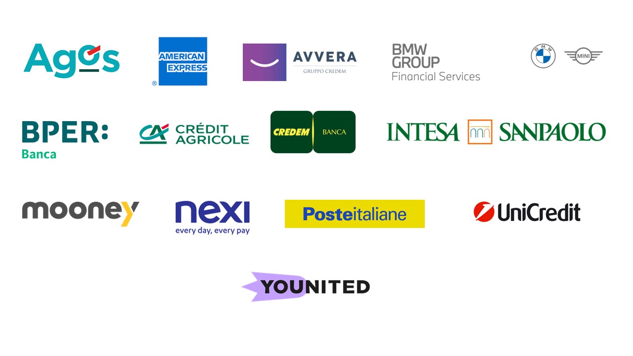 Agos, Amex, Avvera, BMW,BPER, Credit Agricle, CREDEM, Intesa Sanpaolo, Mooney, Nexi, Poste, UniCredit, Younited